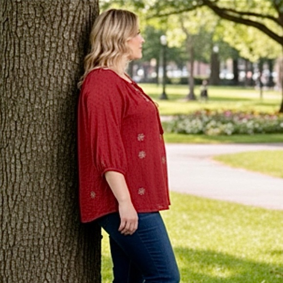 Anthropologie Skies Are Blue Red Floral Peasant Top - Picture 2 of 13